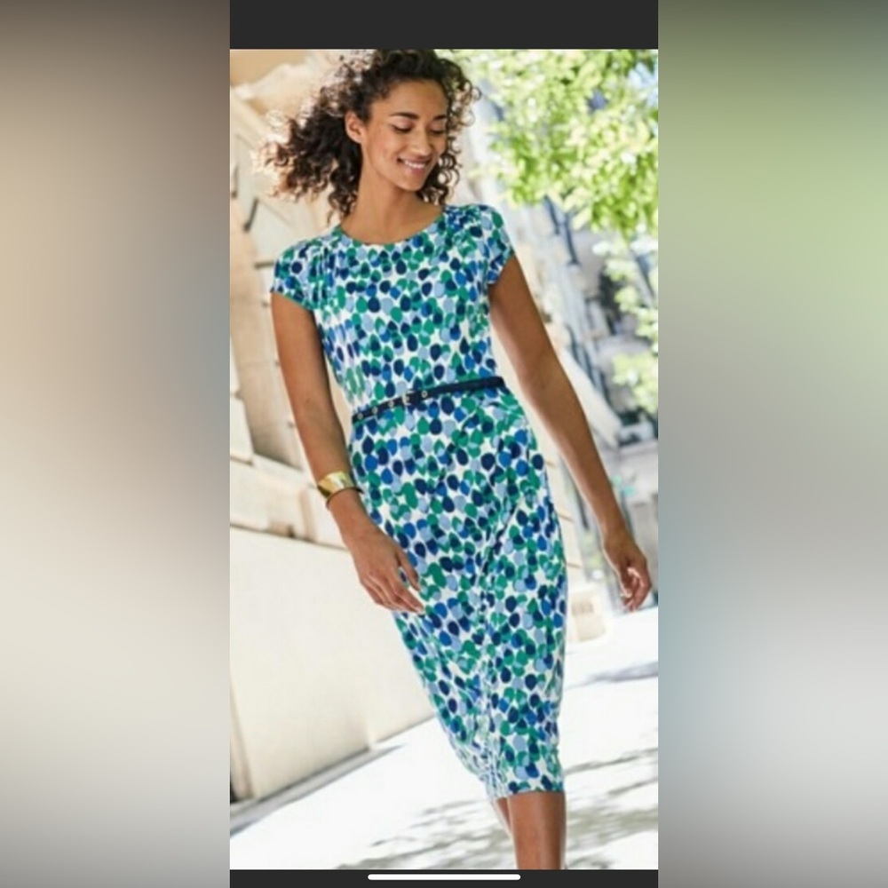 Boden dress - blues white and green pattern in soft Tencel  jersey w/gathering.